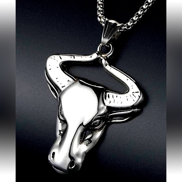 Taurus/Bull Head Stainless Steel Unisex Pendant & 24” Box Link Chain. NWT - Picture 1 of 7